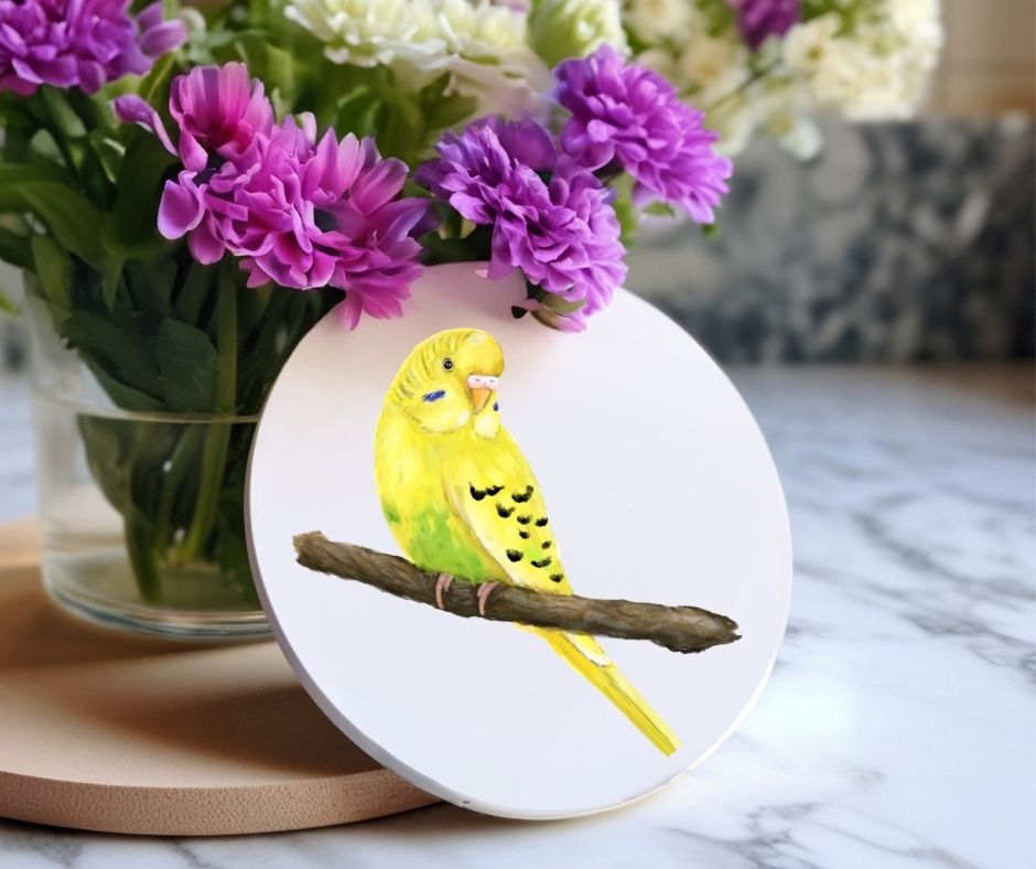 Yellow Budgerigar Ceramic Coaster - MerikaArt