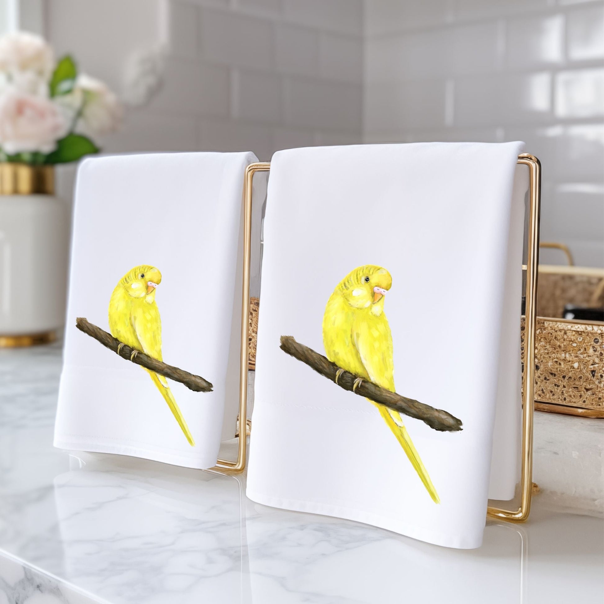 Yellow Budgie Bathroom Towel - MerikaArt