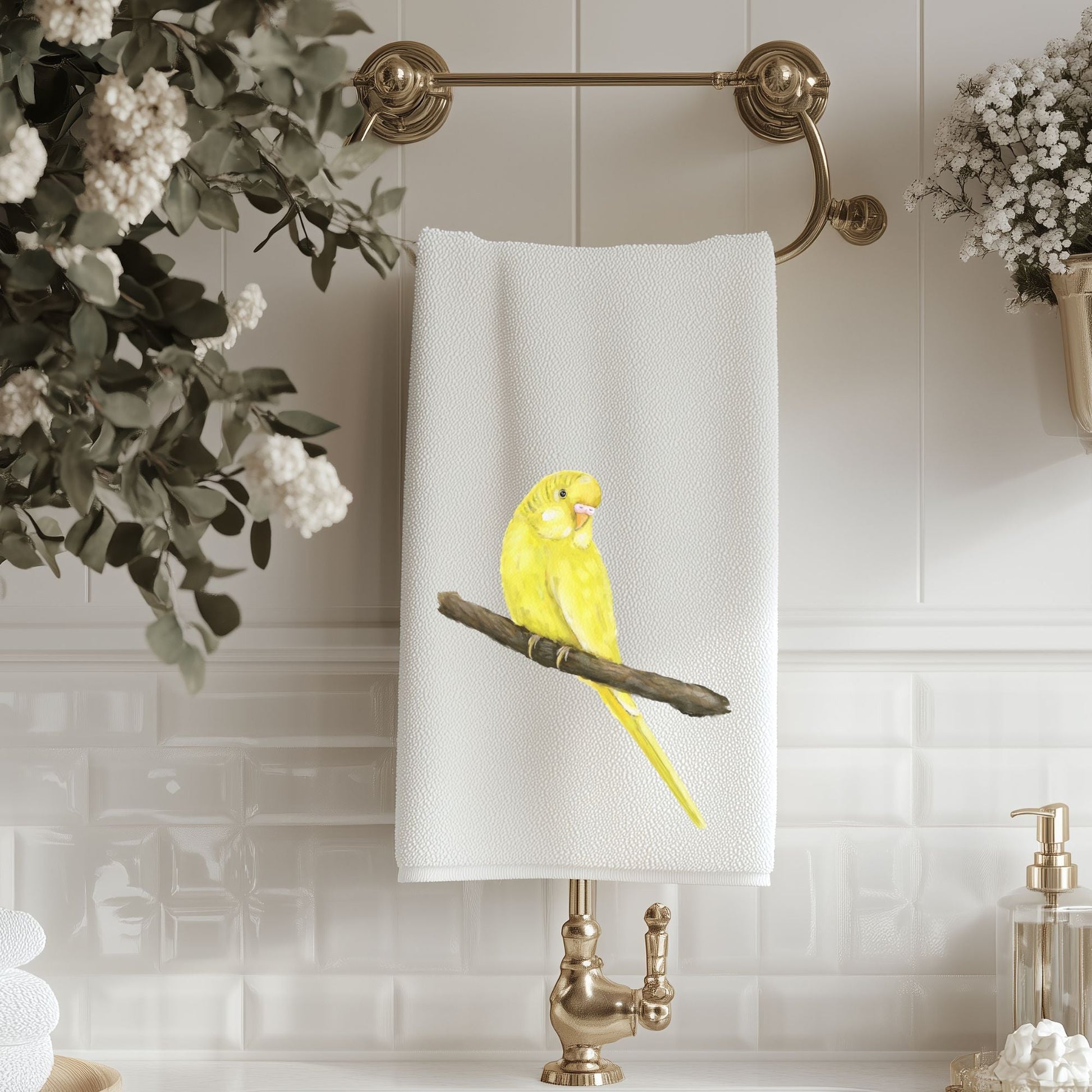 Yellow Budgie Bathroom Towel - MerikaArt