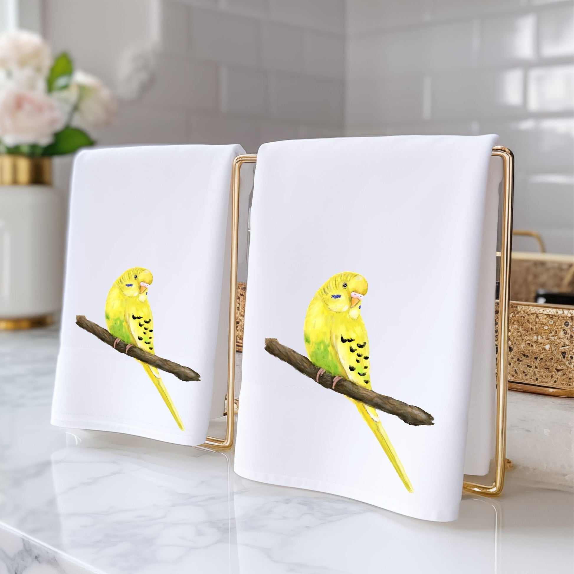 Yellow Budgie Bird Bathroom Towel - MerikaArt