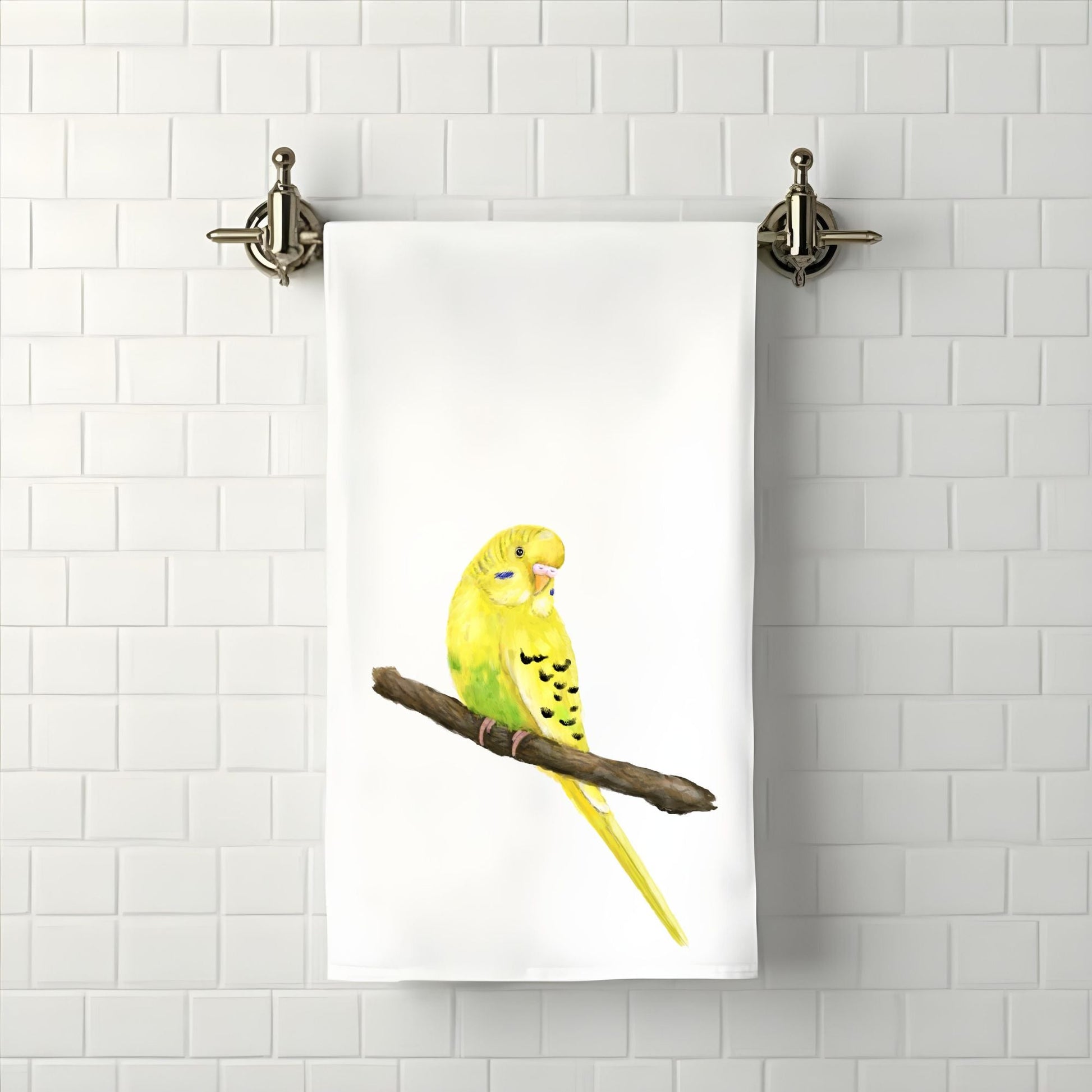 Yellow Budgie Bird Bathroom Towel - MerikaArt