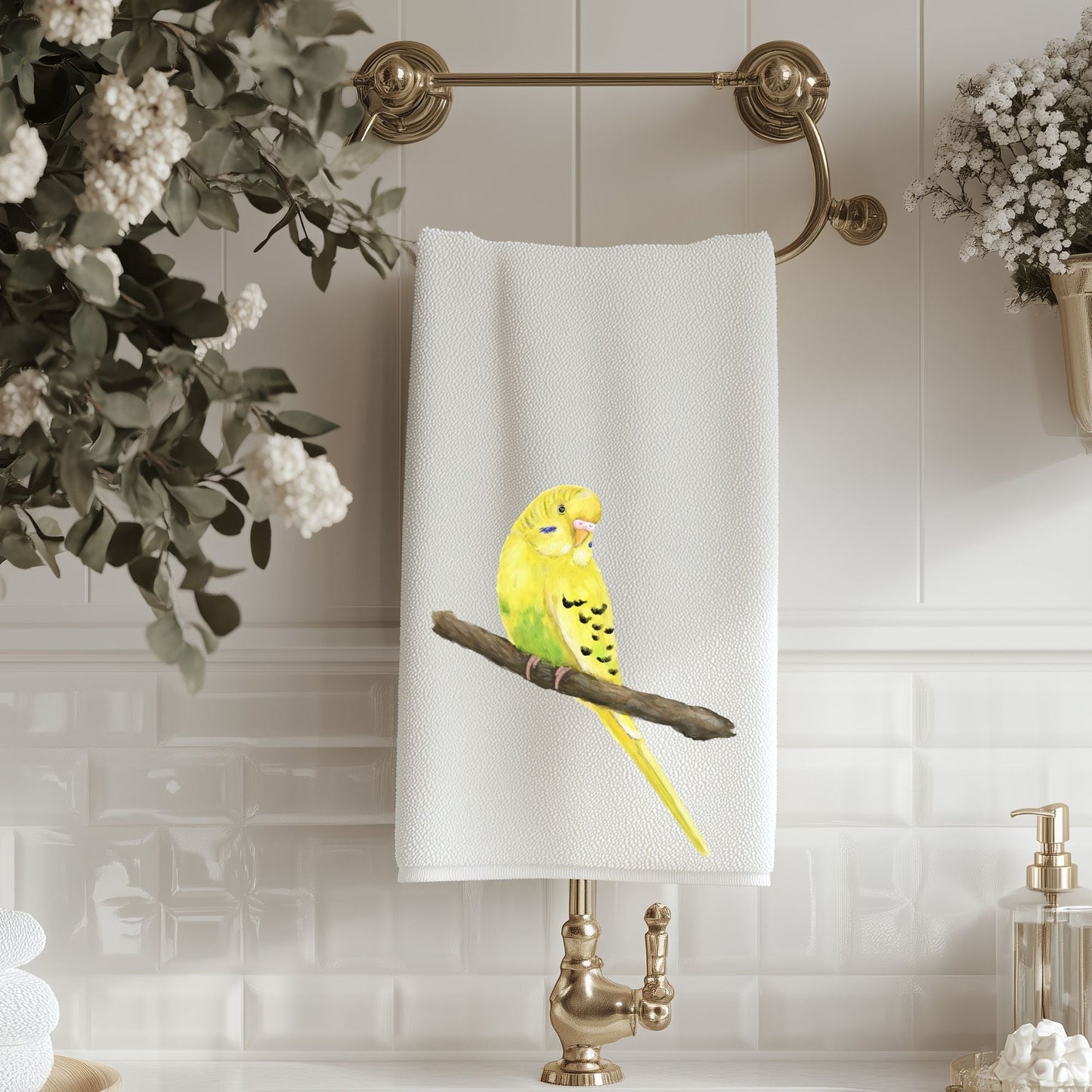 Yellow Budgie Bird Bathroom Towel - MerikaArt