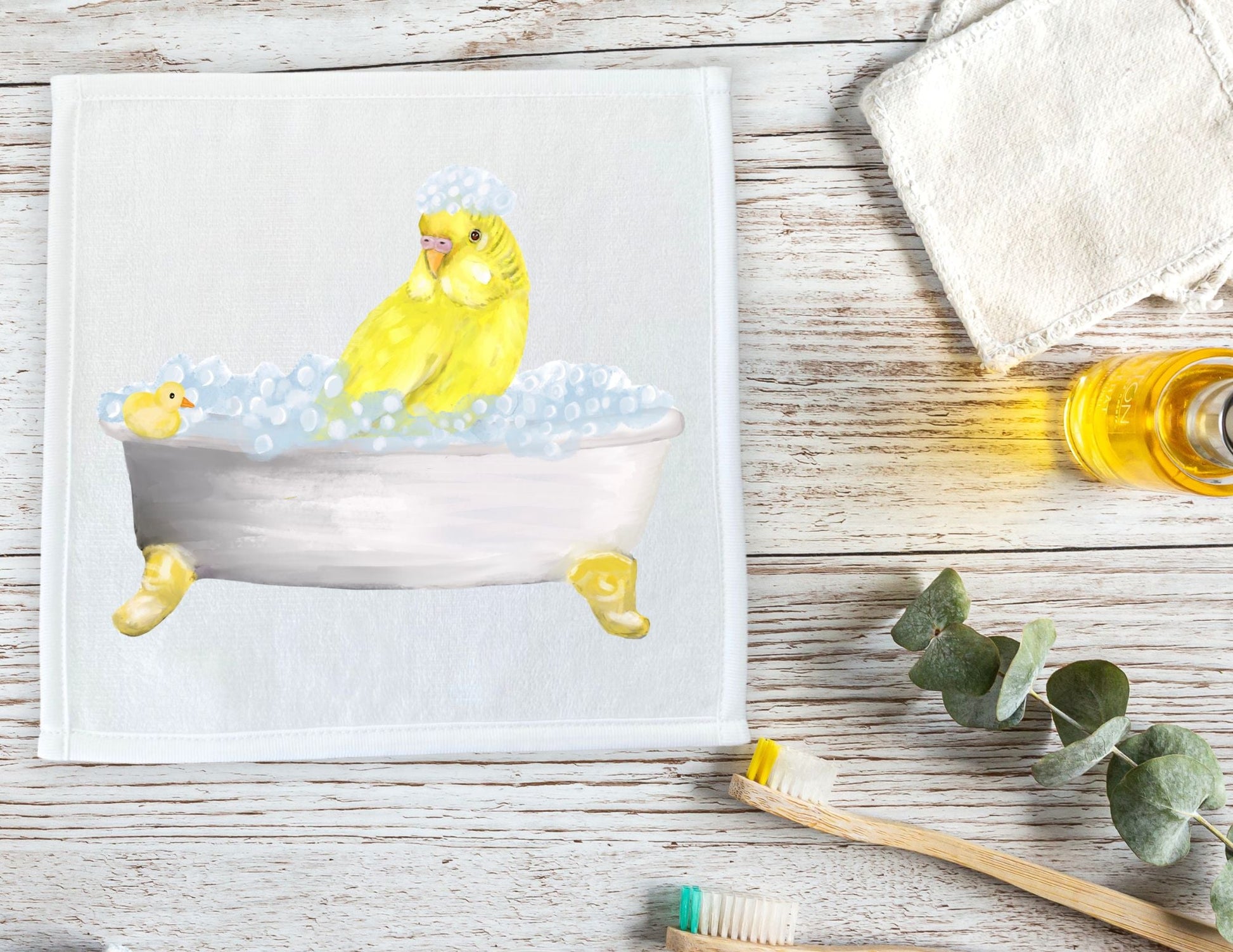 Yellow Budgie Bubble Bath Washcloth - MerikaArt