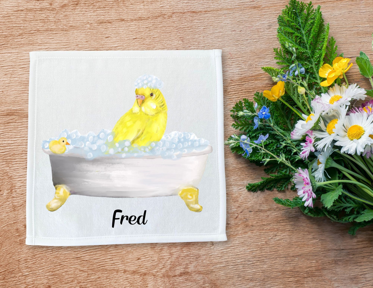 Yellow Budgie Bubble Bath Washcloth - MerikaArt