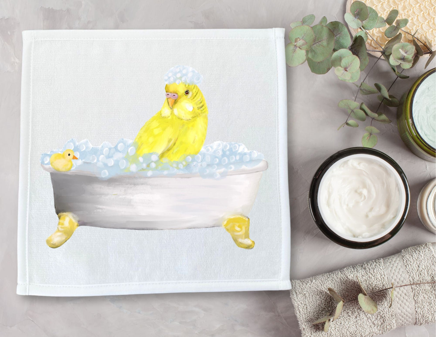 Yellow Budgie Bubble Bath Washcloth - MerikaArt