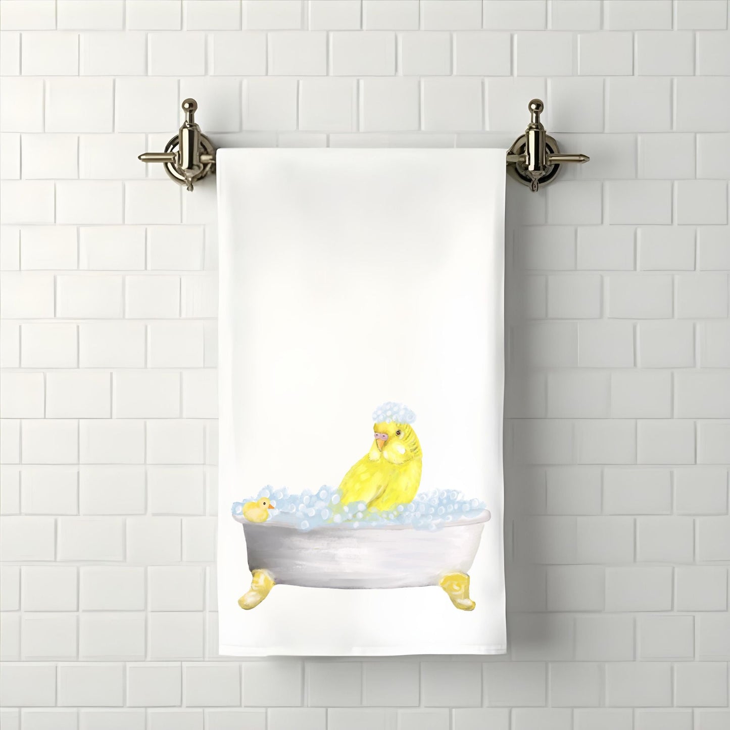 Yellow Budgie in Bathtub Bathroom Towel - MerikaArt