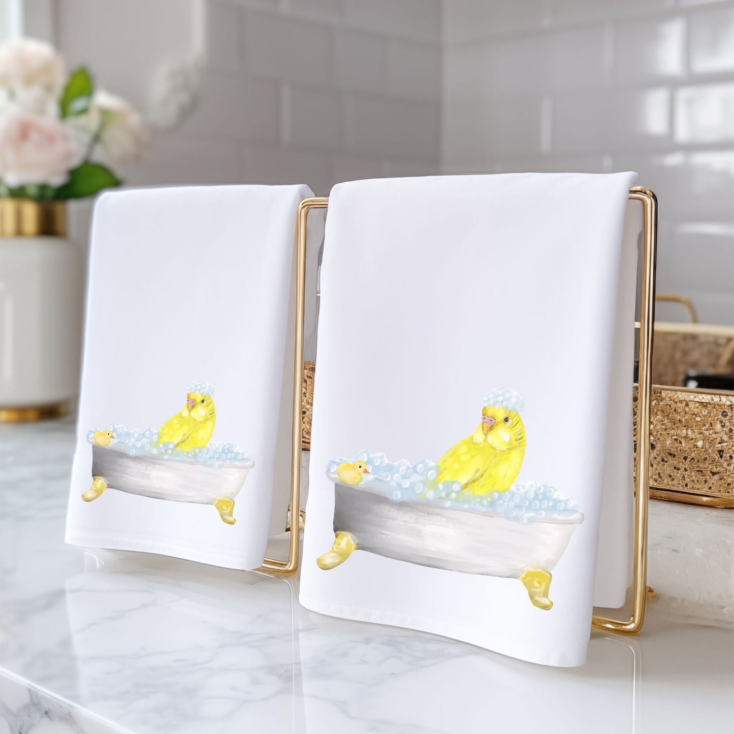 Yellow Budgie in Bathtub Bathroom Towel - MerikaArt