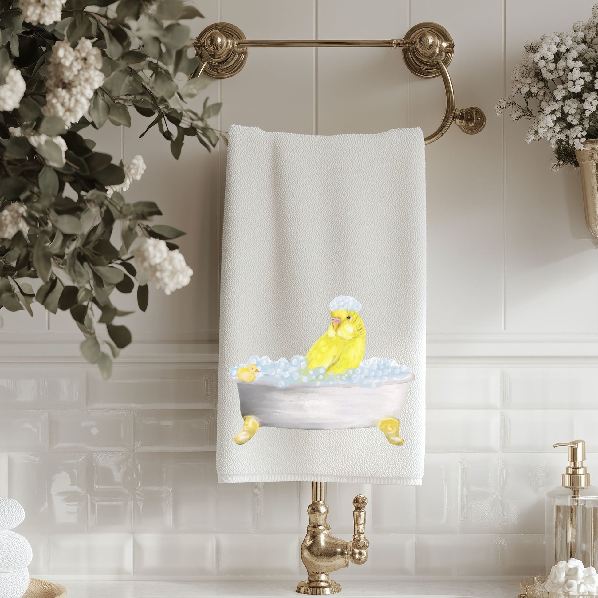 Yellow Budgie in Bathtub Bathroom Towel - MerikaArt