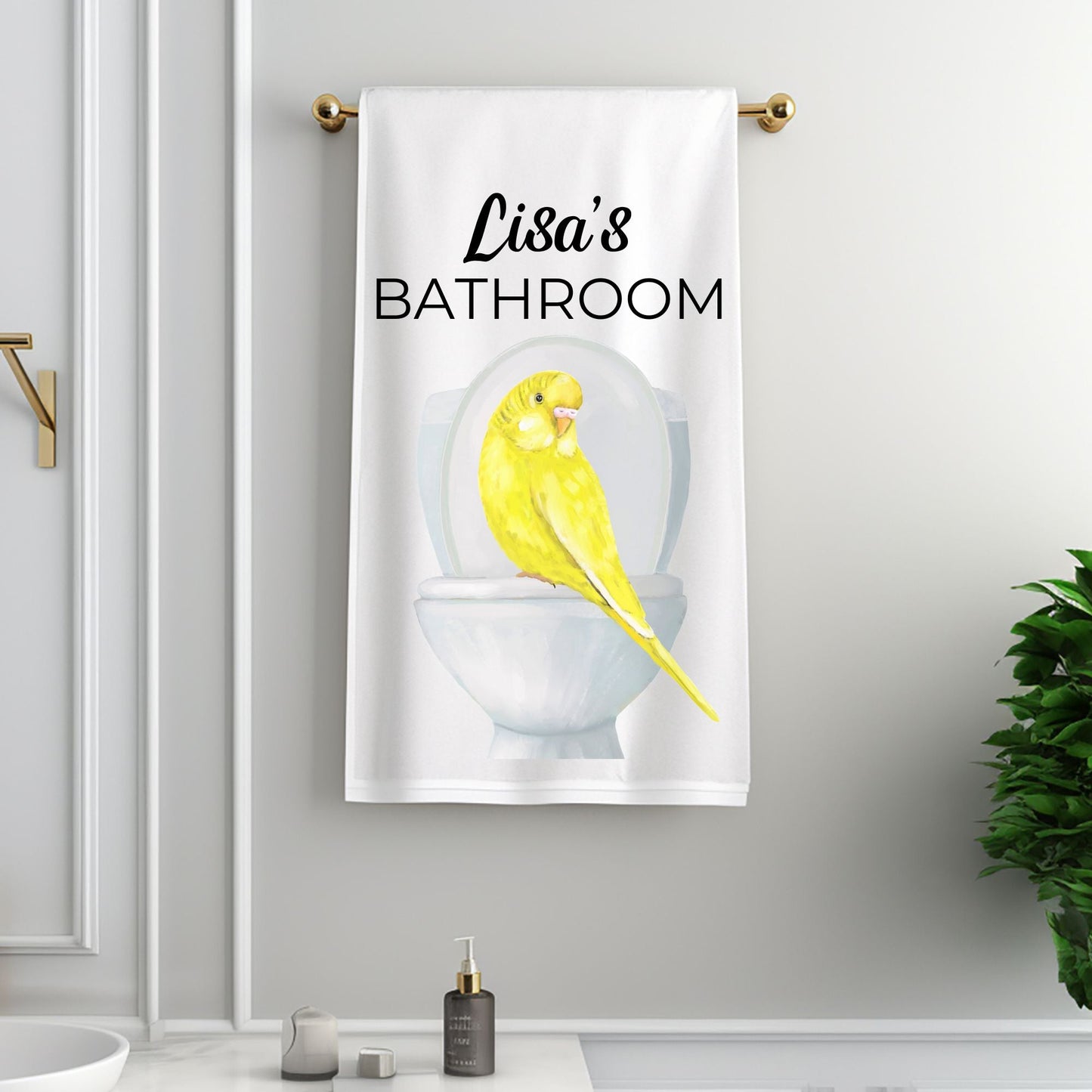 Yellow Budgie on Toilet Bathroom Towel - MerikaArt