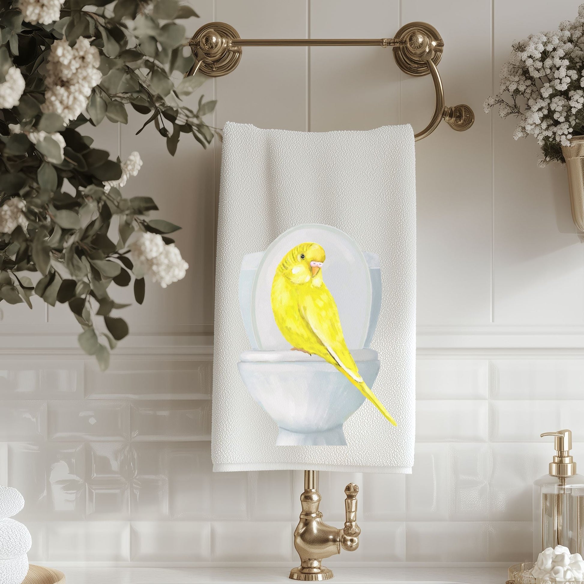 Yellow Budgie on Toilet Bathroom Towel - MerikaArt