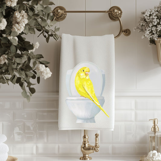 Yellow Budgie on Toilet Bathroom Towel - MerikaArt