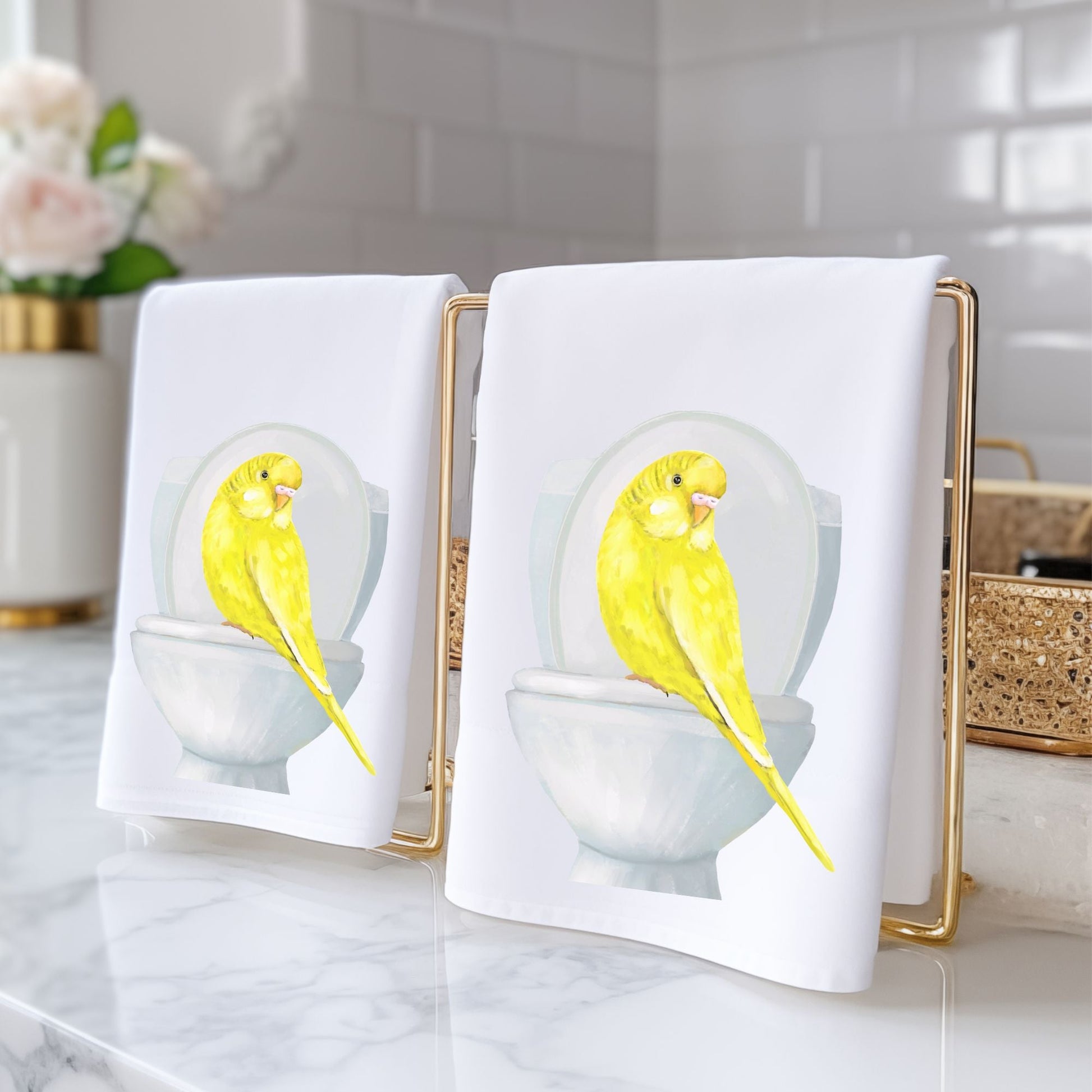Yellow Budgie on Toilet Bathroom Towel - MerikaArt