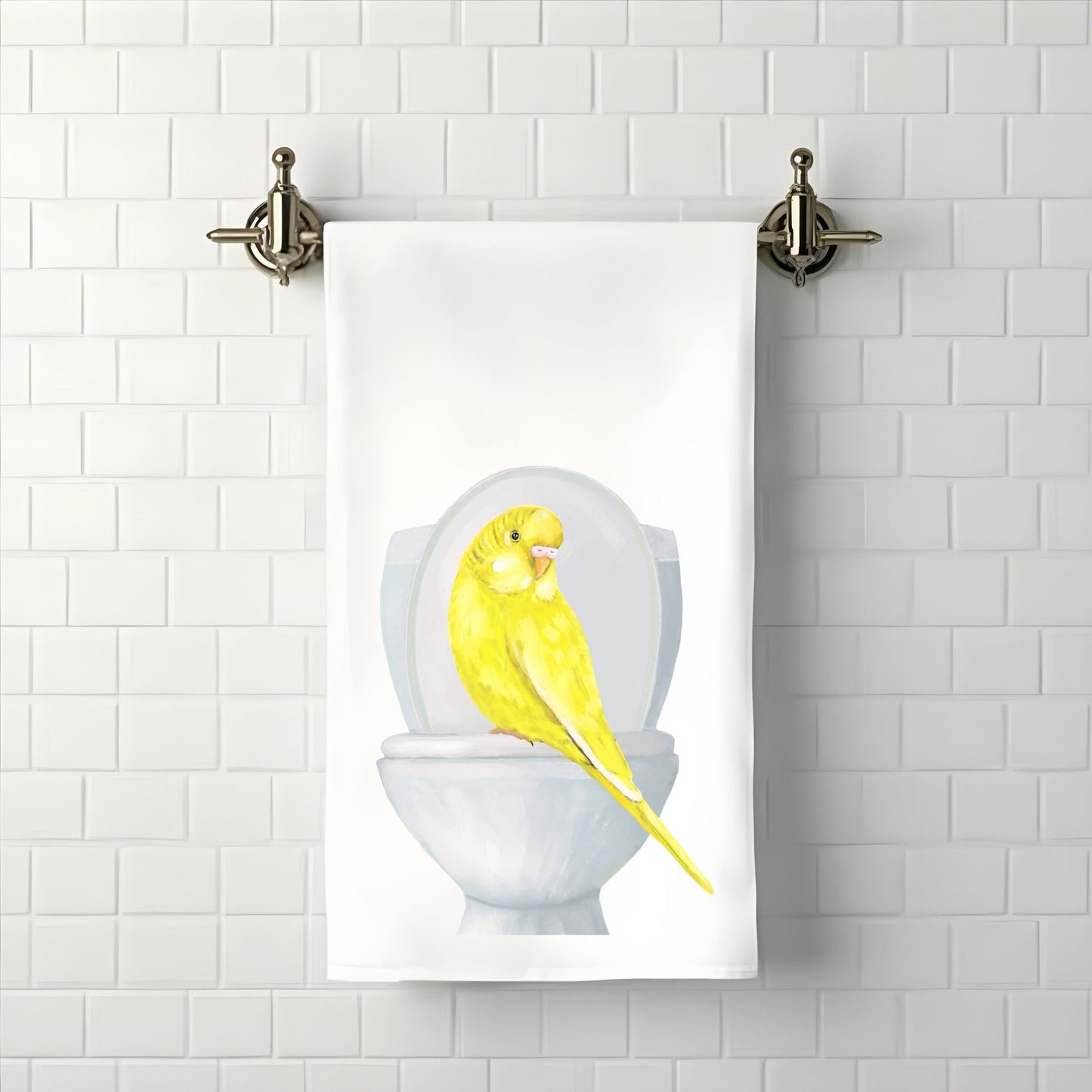 Yellow Budgie on Toilet Bathroom Towel - MerikaArt