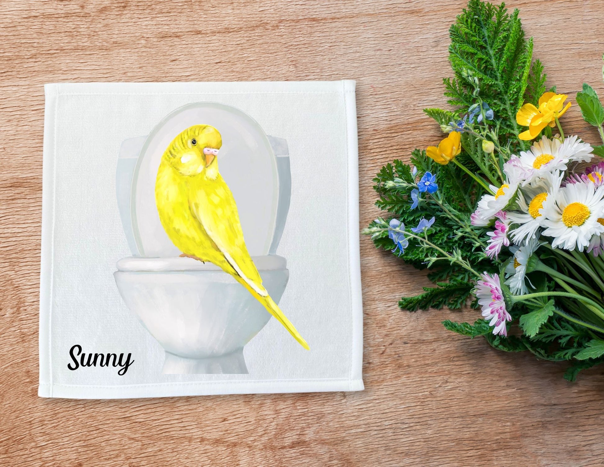 Yellow Budgie on Toilet Washcloth – Whimsical Bird Art - MerikaArt