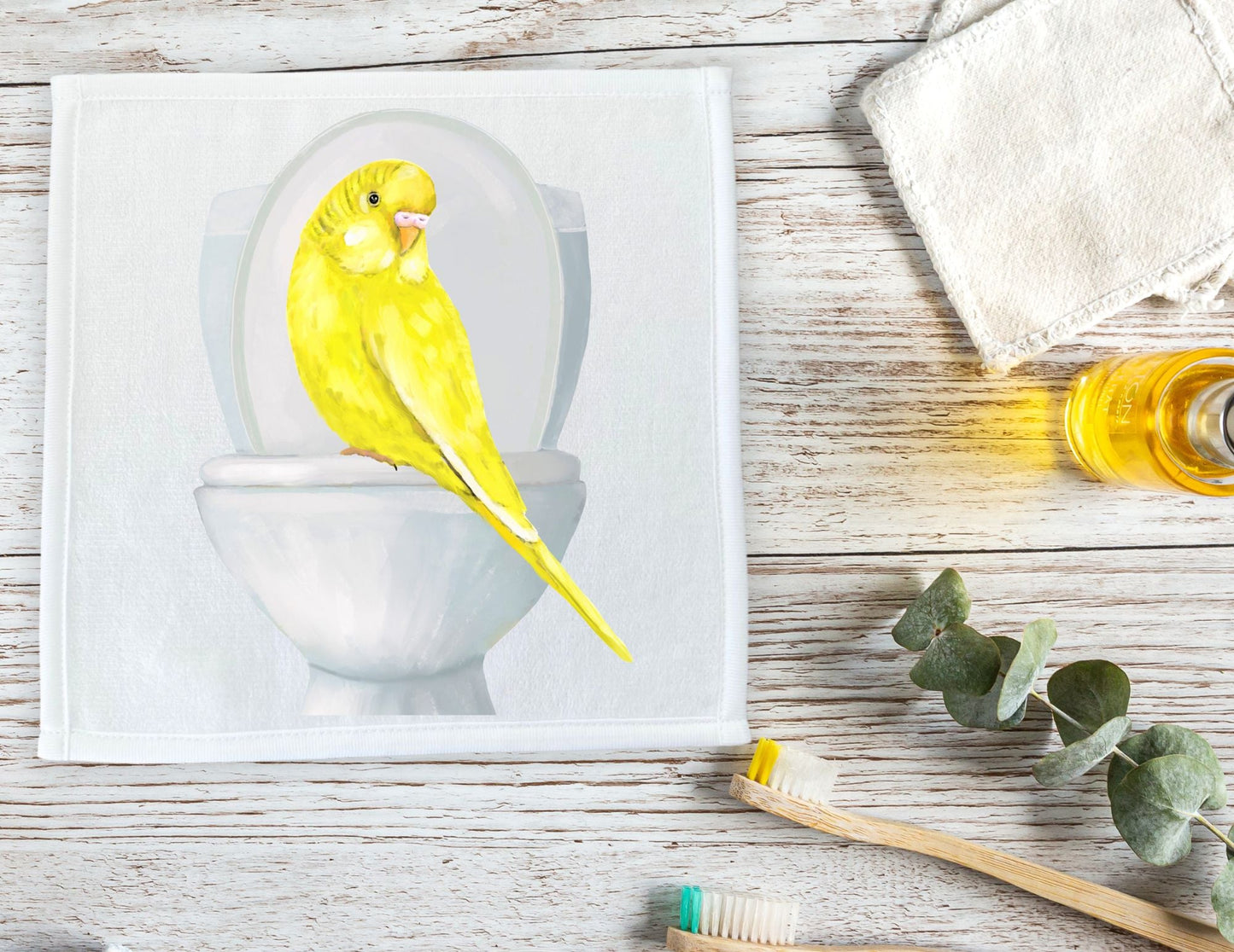 Yellow Budgie on Toilet Washcloth – Whimsical Bird Art - MerikaArt