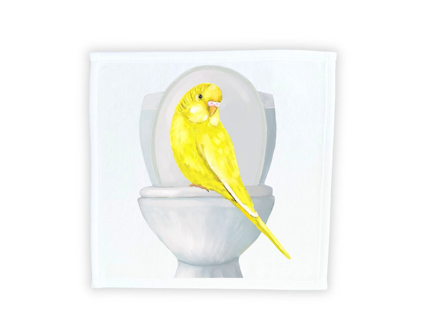 Yellow Budgie on Toilet Washcloth – Whimsical Bird Art - MerikaArt