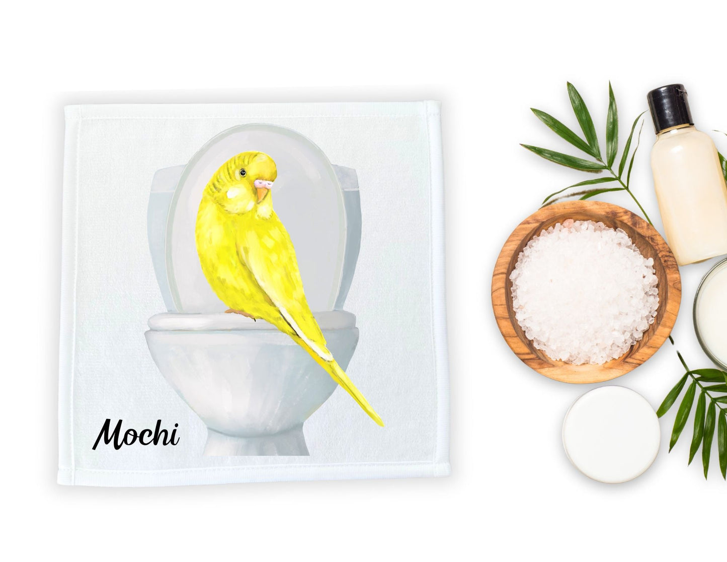 Yellow Budgie on Toilet Washcloth – Whimsical Bird Art - MerikaArt