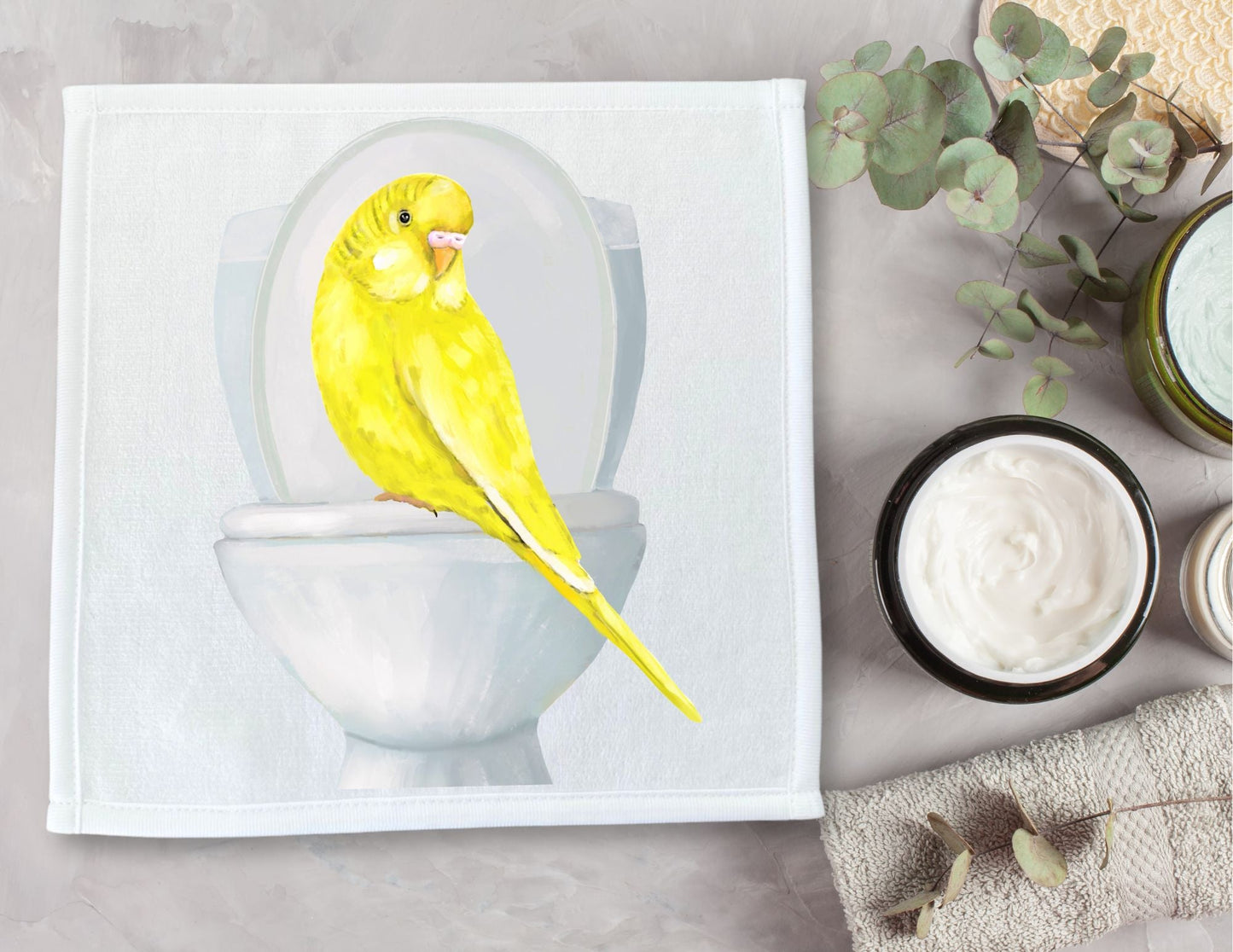 Yellow Budgie on Toilet Washcloth – Whimsical Bird Art - MerikaArt