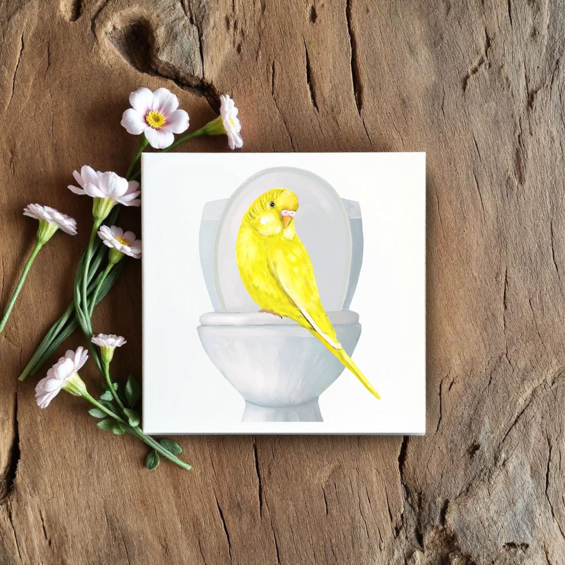 Yellow Budgie Toilet Ceramic Tile – Handcrafted Whimsical Decor - MerikaArt