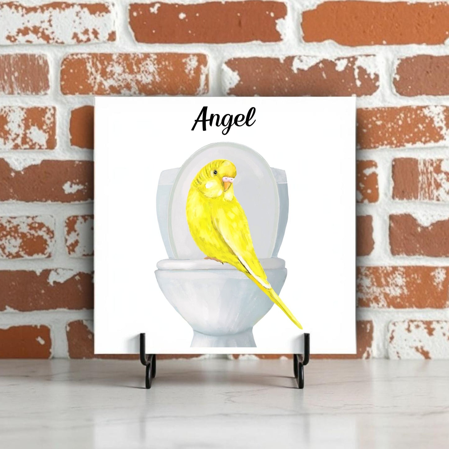 Yellow Budgie Toilet Ceramic Tile – Handcrafted Whimsical Decor - MerikaArt