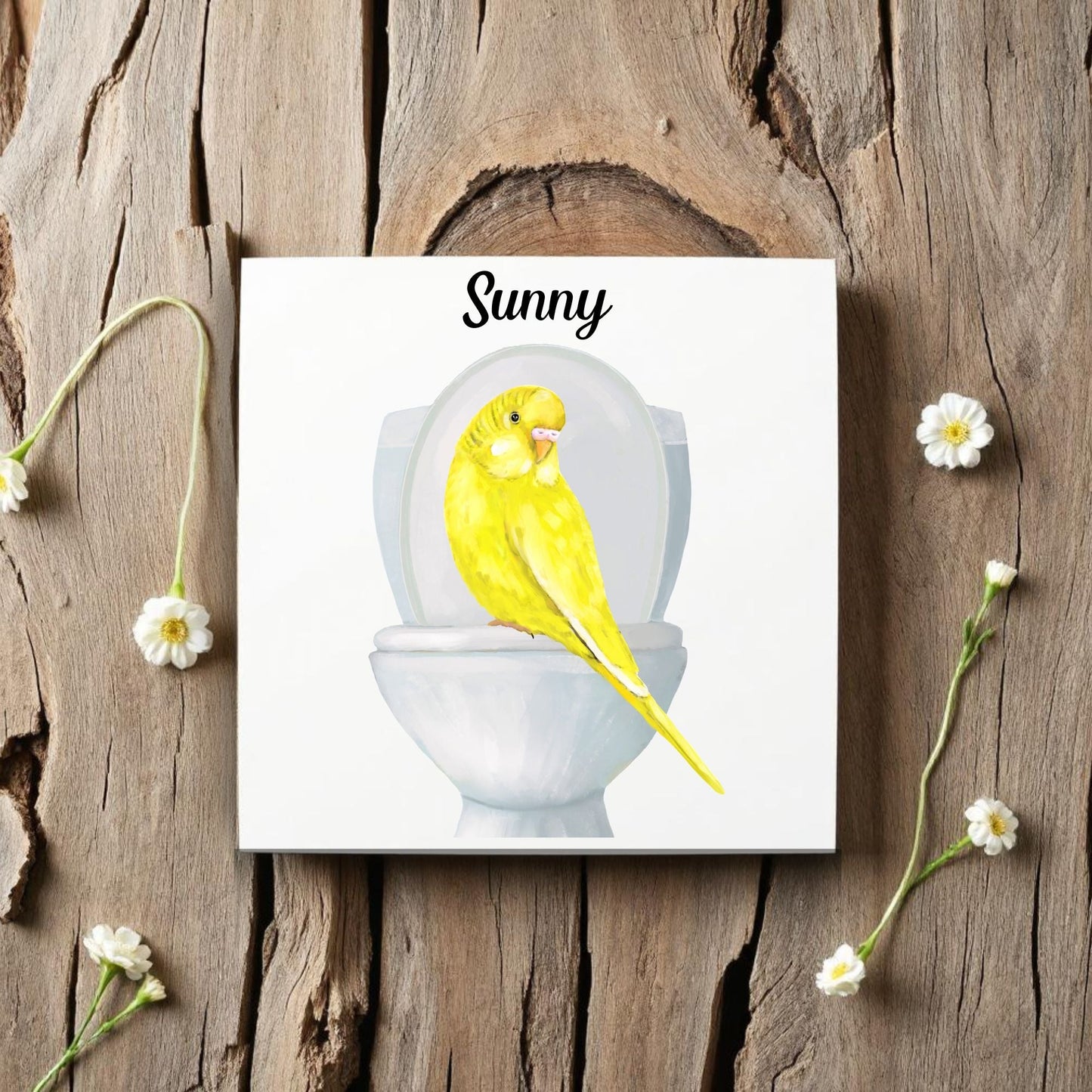 Yellow Budgie Toilet Ceramic Tile – Handcrafted Whimsical Decor - MerikaArt