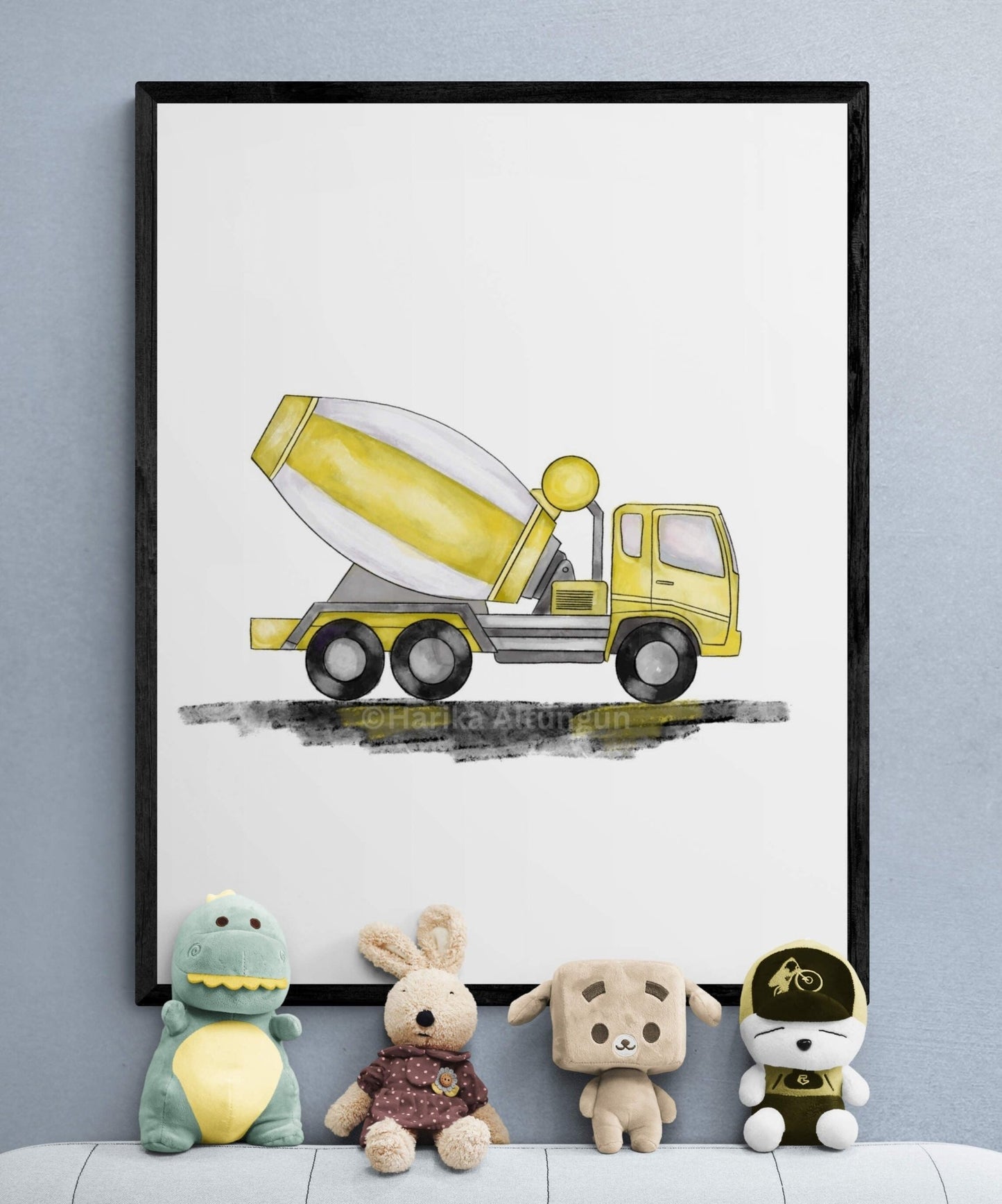 Yellow Cement Truck Print, Cement Truck Painting, Construction Nursery Art, Vehicles Print, Kids Wall Art, Boys Room Gift - MerikaArt