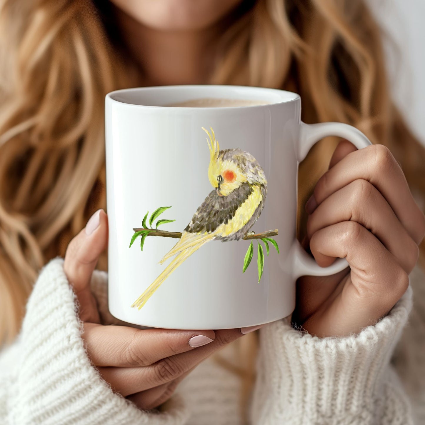 Yellow Cockatiel on Branch Ceramic Coffee Mug - MerikaArt