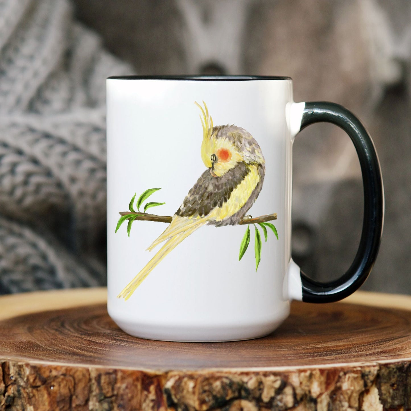 Yellow Cockatiel on Branch Ceramic Coffee Mug - MerikaArt