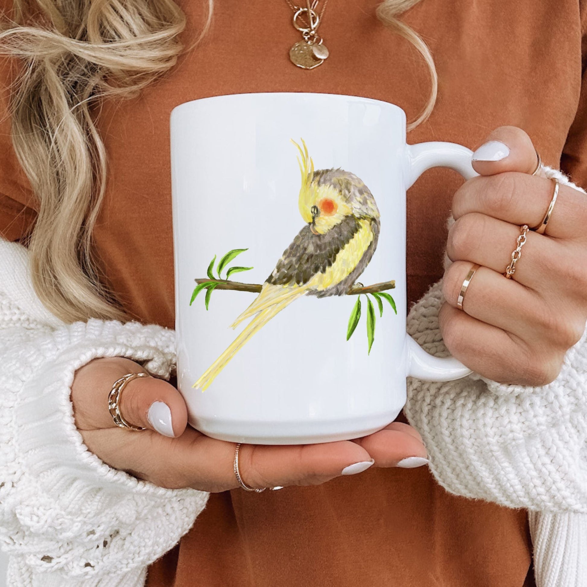 Yellow Cockatiel on Branch Ceramic Coffee Mug - MerikaArt