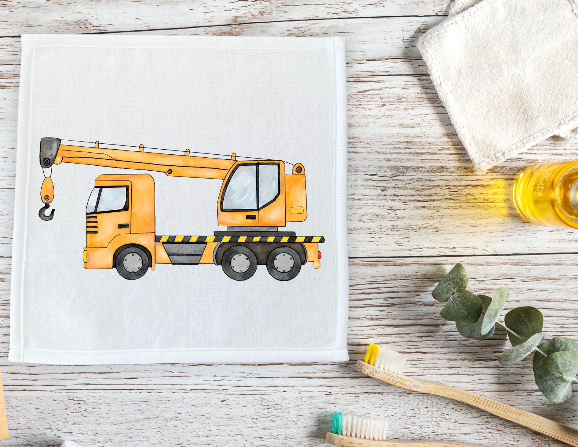 Yellow Crane Truck Washcloth - MerikaArt