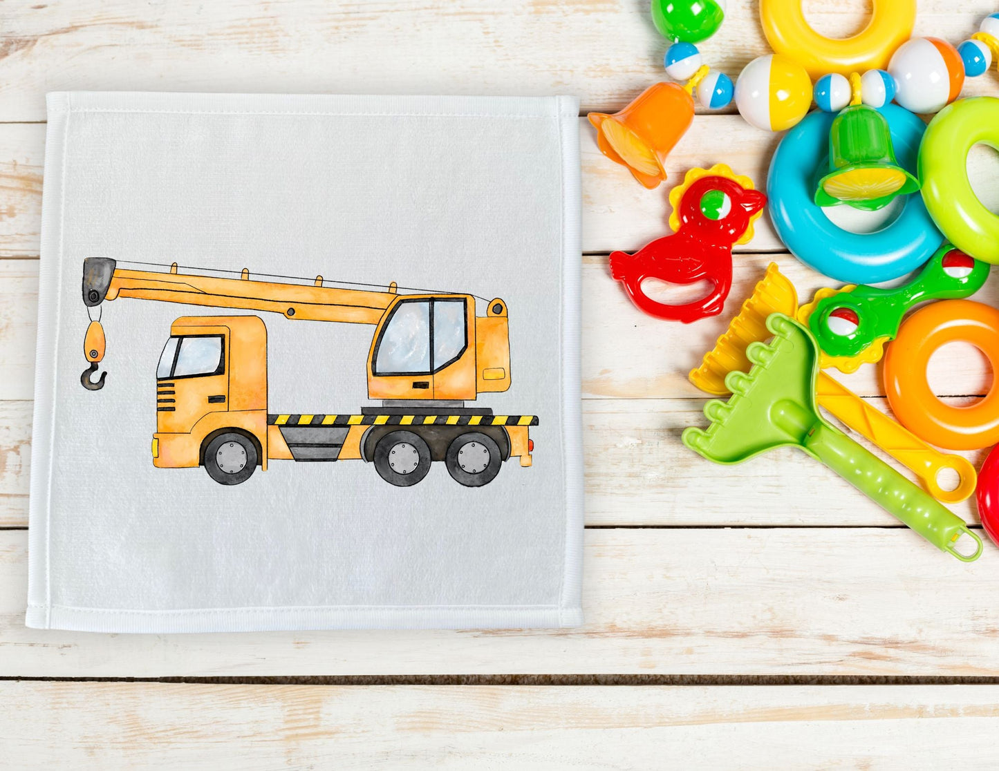 Yellow Crane Truck Washcloth - MerikaArt