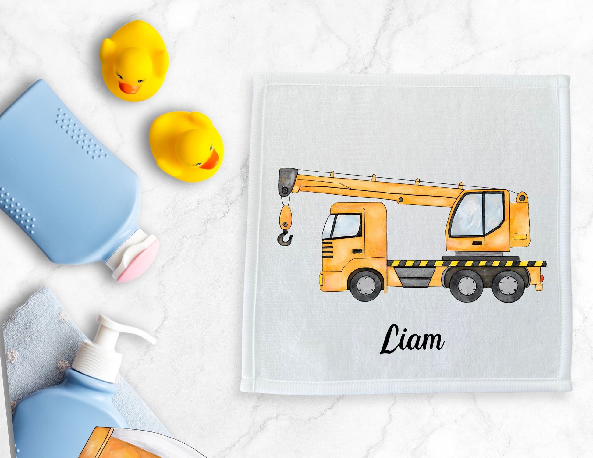Yellow Crane Truck Washcloth - MerikaArt