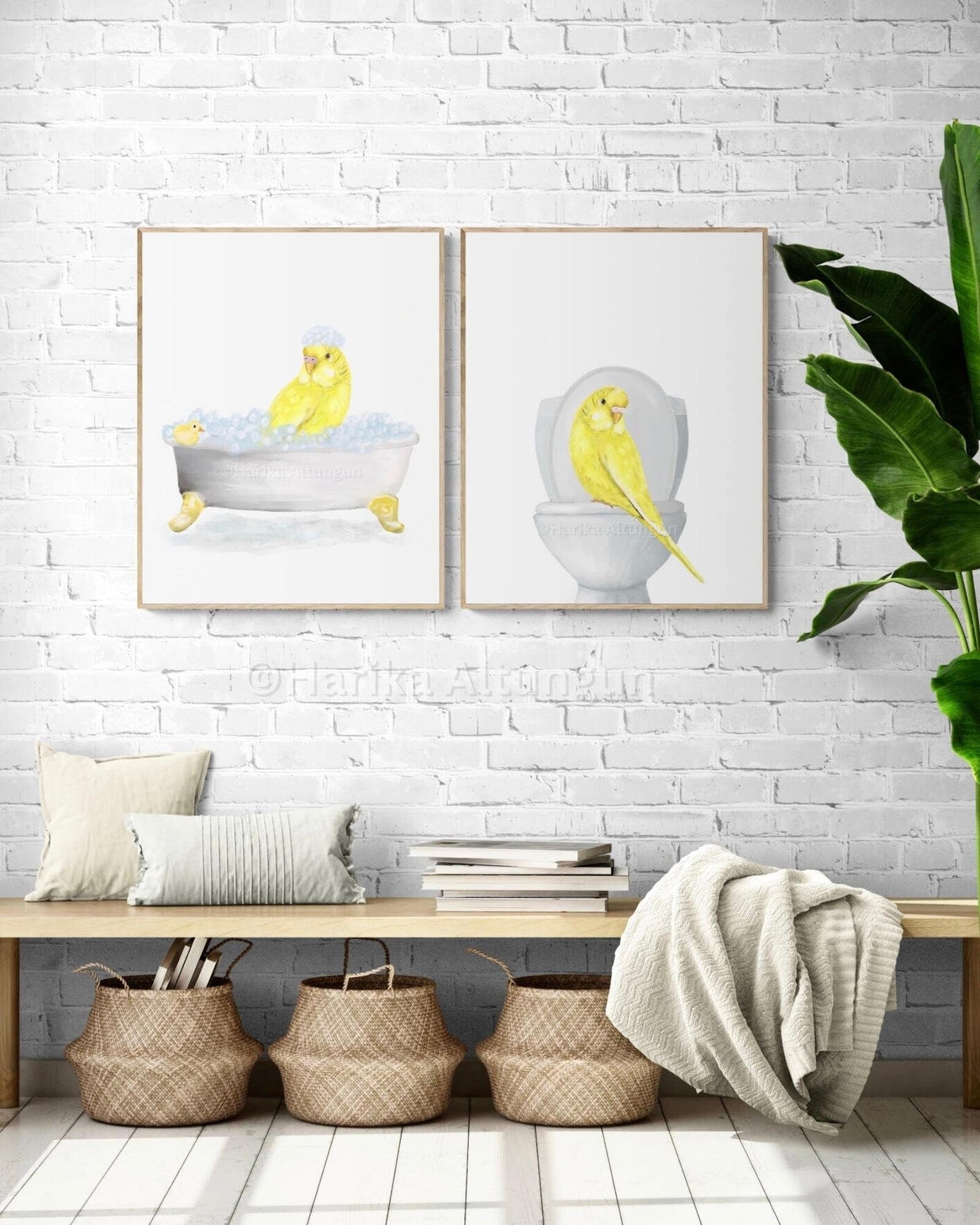 Yellow Parakeet In Bath Set of 2 Print, Budgie Artwork, Bathroom Wall Art, Bird Memorial Painting, Bird Relaxing In Bath Print, Bird Lover - MerikaArt