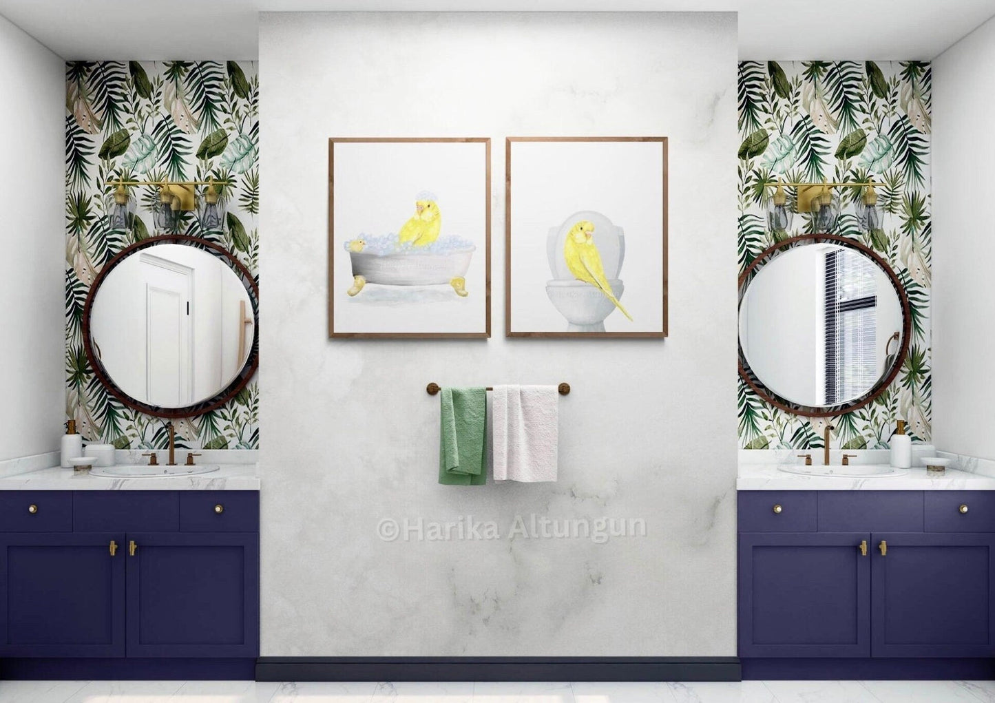 Yellow Parakeet In Bath Set of 2 Print, Budgie Artwork, Bathroom Wall Art, Bird Memorial Painting, Bird Relaxing In Bath Print, Bird Lover - MerikaArt