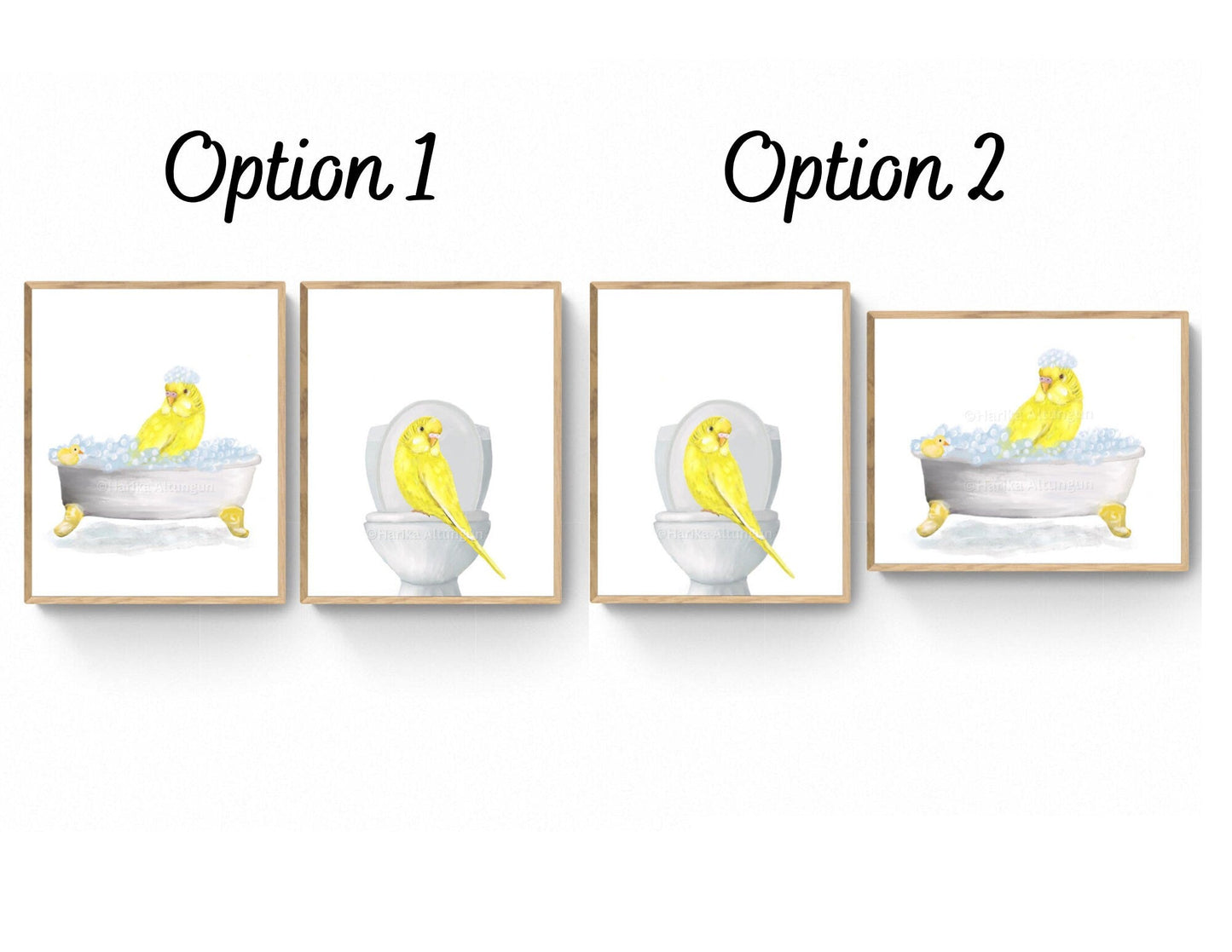 Yellow Parakeet In Bath Set of 2 Print, Budgie Artwork, Bathroom Wall Art, Bird Memorial Painting, Bird Relaxing In Bath Print, Bird Lover - MerikaArt