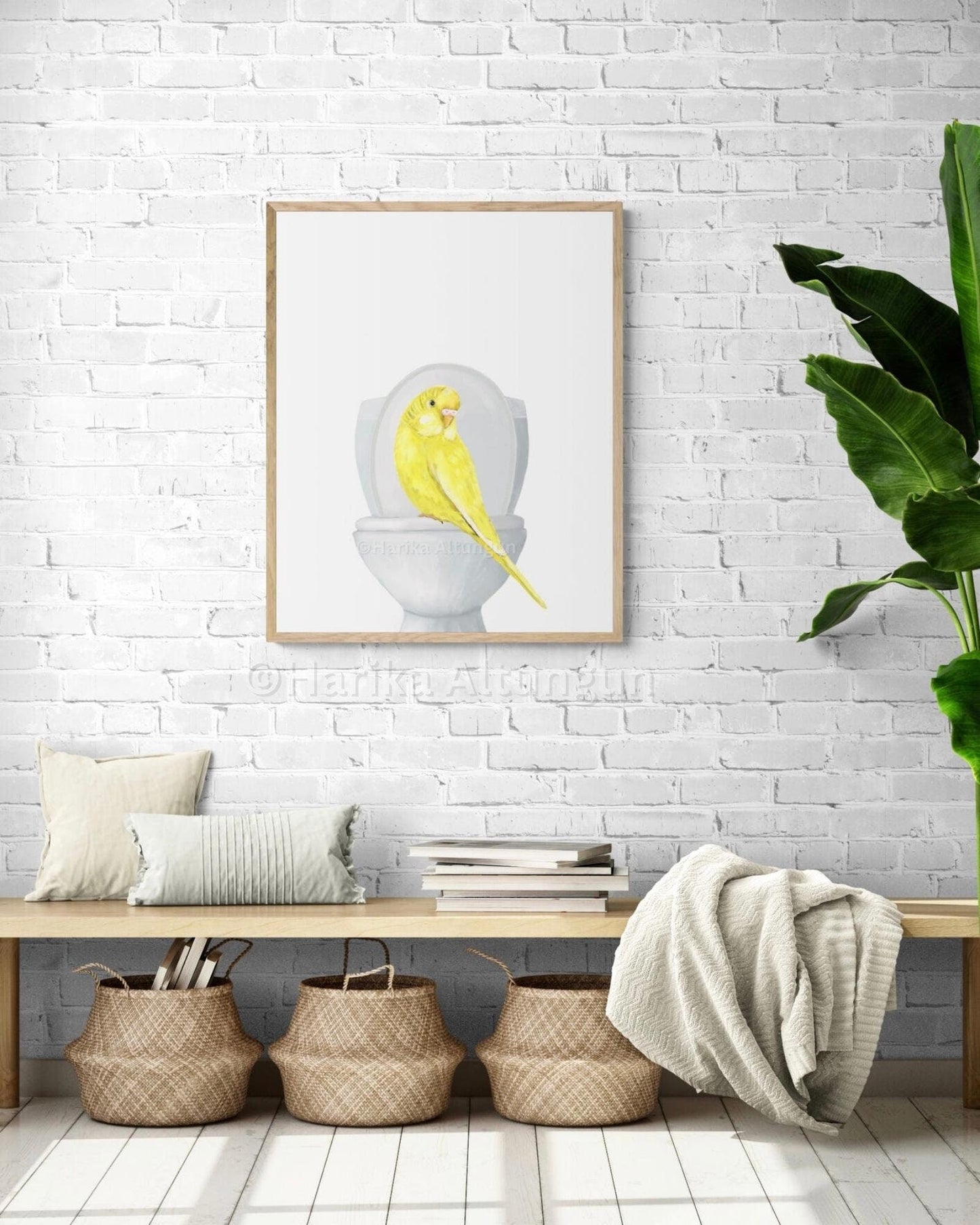 Yellow Parakeet On Toilet Print, Budgie Artwork, Bathroom Wall Art, Bird Memorial Painting, Bird Relaxing In Bath Print, Bird Lover Art - MerikaArt