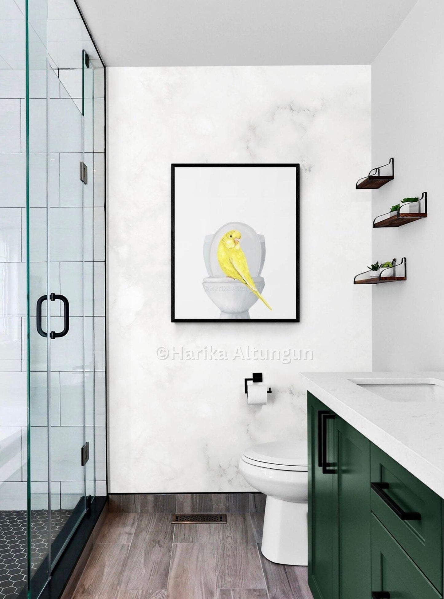 Yellow Parakeet On Toilet Print, Budgie Artwork, Bathroom Wall Art, Bird Memorial Painting, Bird Relaxing In Bath Print, Bird Lover Art - MerikaArt