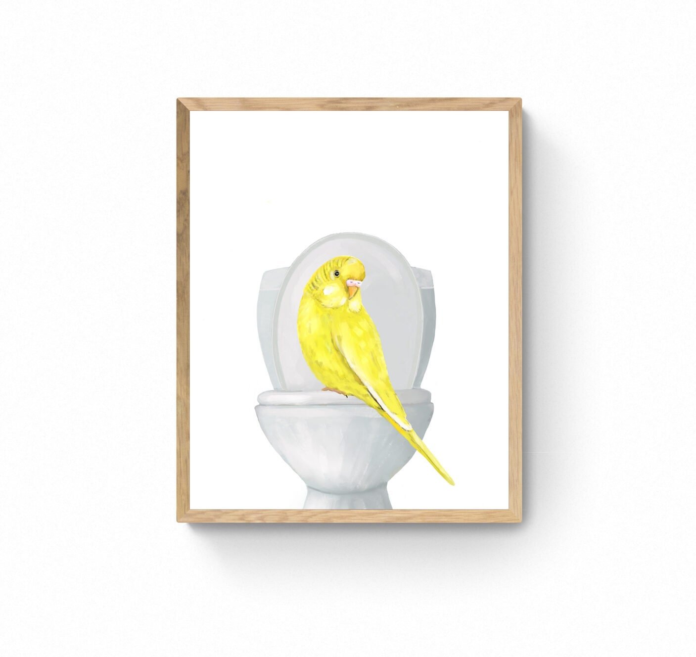 Yellow Parakeet On Toilet Print, Budgie Artwork, Bathroom Wall Art, Bird Memorial Painting, Bird Relaxing In Bath Print, Bird Lover Art - MerikaArt