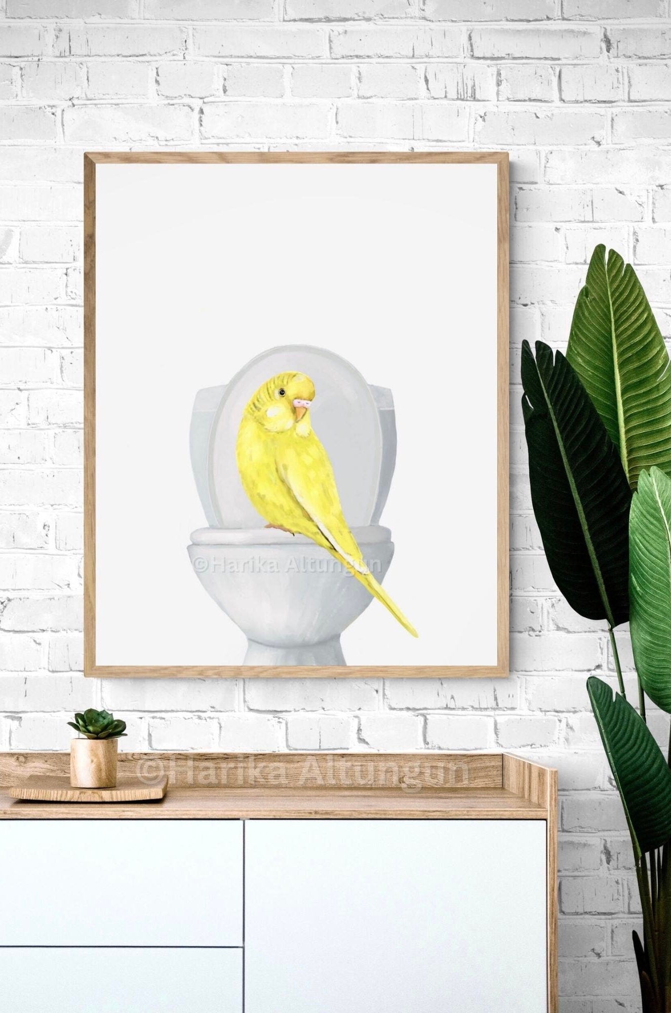 Yellow Parakeet On Toilet Print, Budgie Artwork, Bathroom Wall Art, Bird Memorial Painting, Bird Relaxing In Bath Print, Bird Lover Art - MerikaArt
