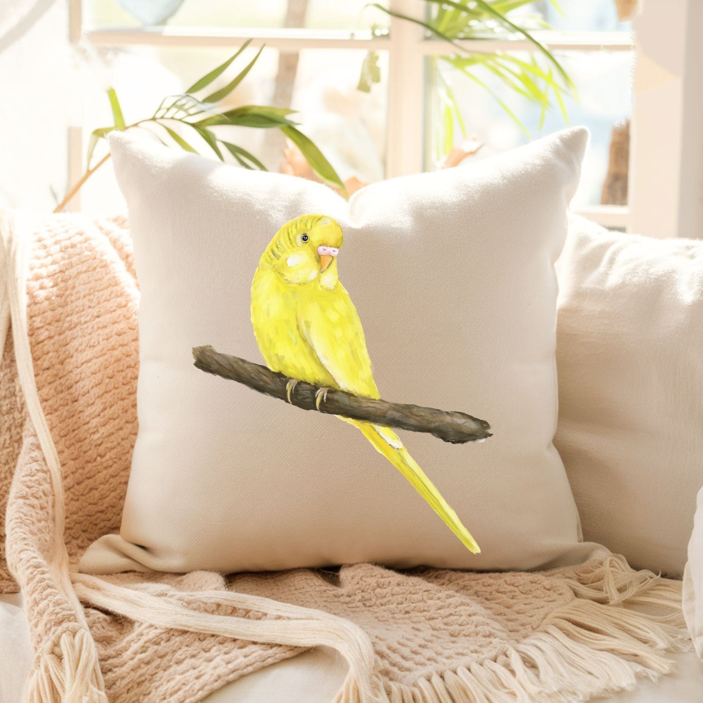 Yellow Parakeet Pillow - Nature Inspired Home Decor - MerikaArt