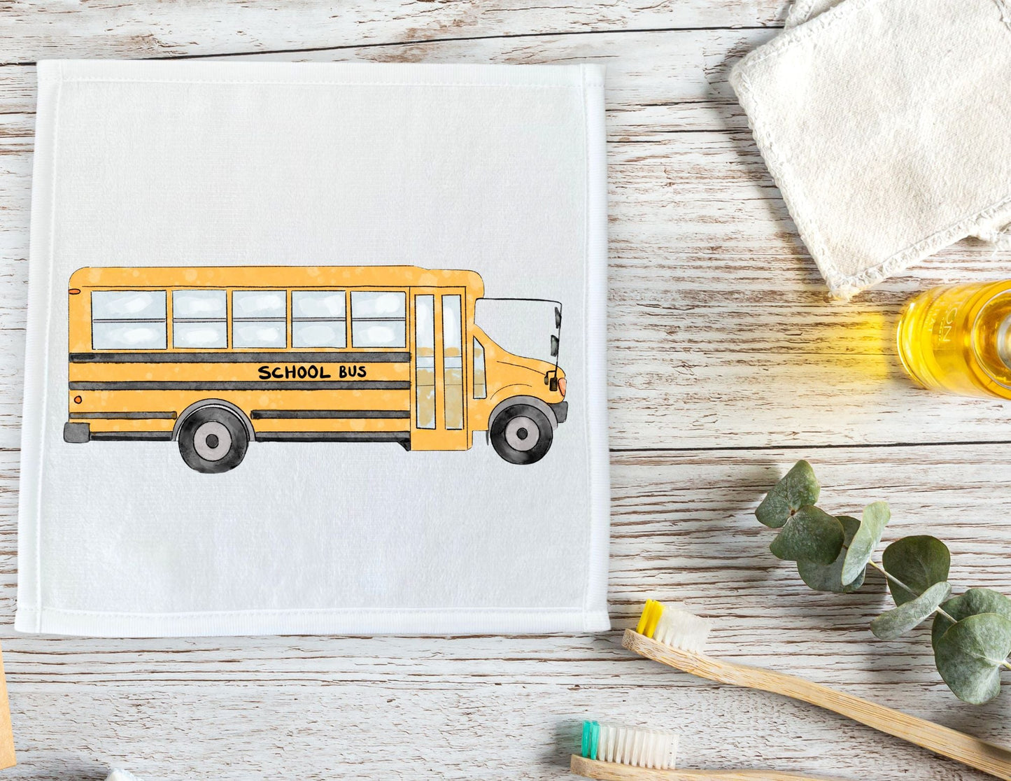 Yellow School Bus Washcloth - MerikaArt