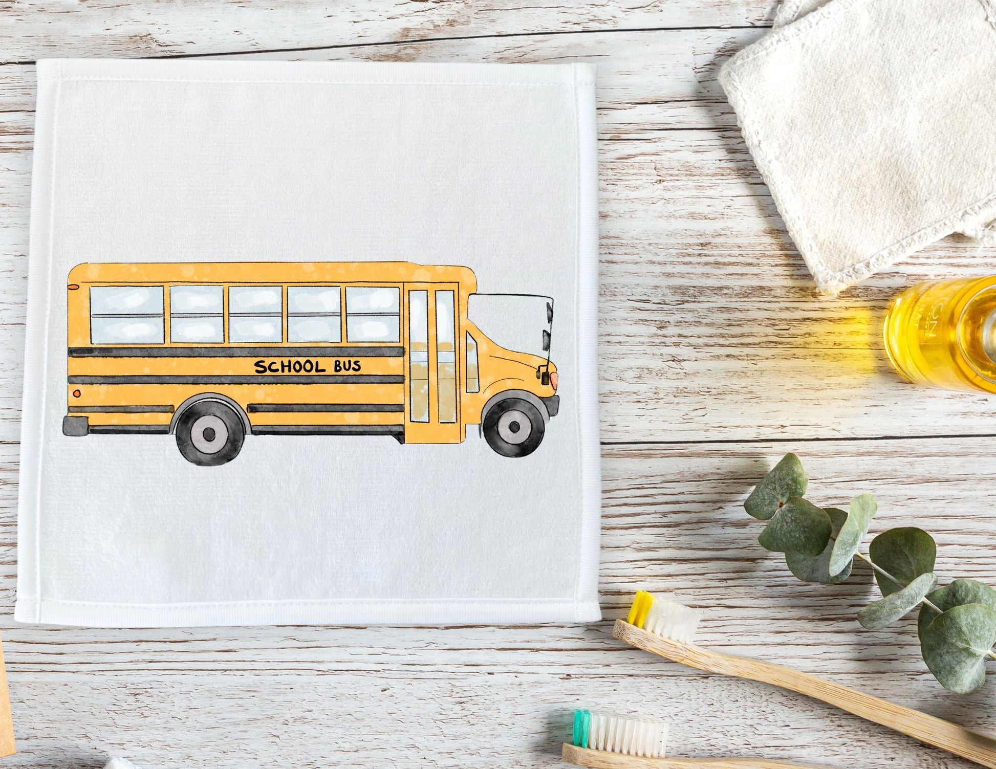 Yellow School Bus Washcloth - MerikaArt