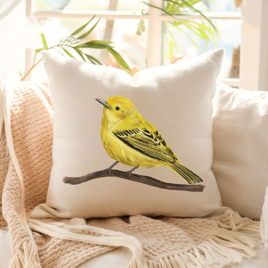 Yellow Warbler Bird Pillow - MerikaArt
