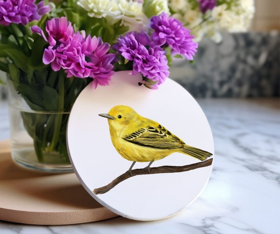 Yellow Warbler Ceramic Coaster - MerikaArt
