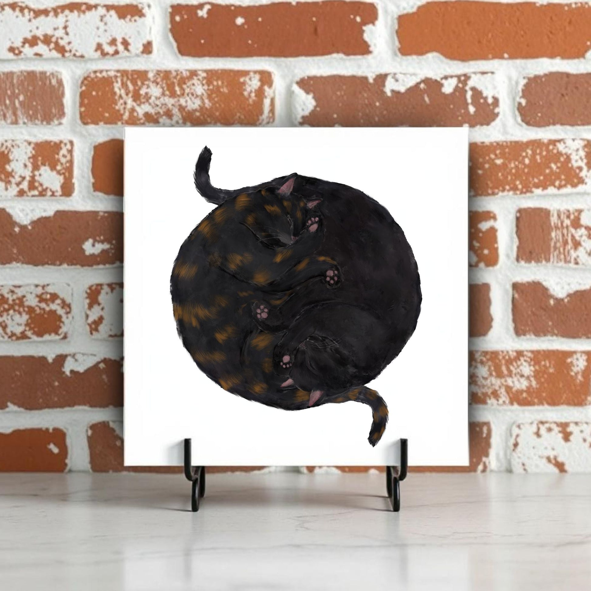 Yin and Yang Black and Tortie Cats Ceramic Tile - MerikaArt