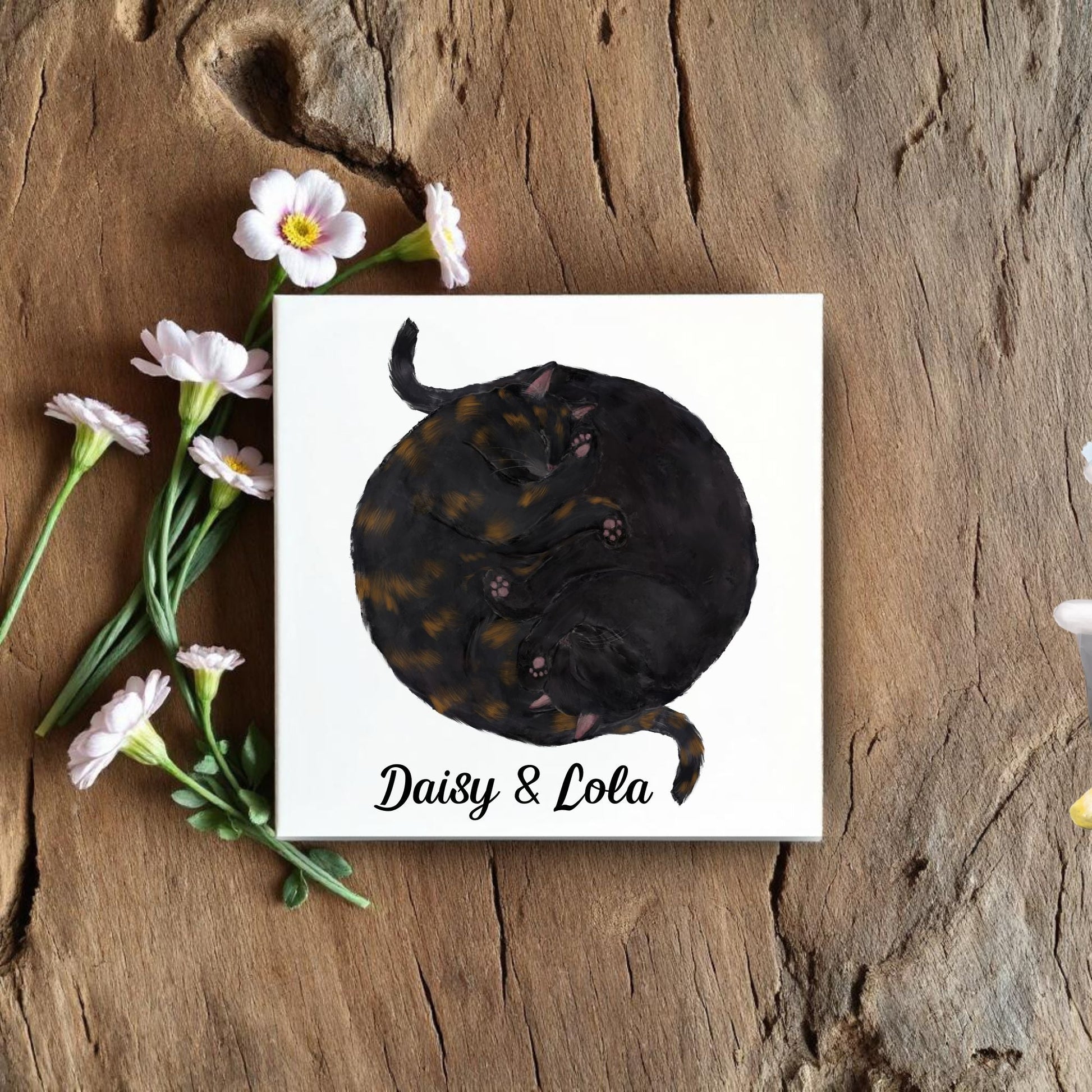 Yin and Yang Black and Tortie Cats Ceramic Tile - MerikaArt