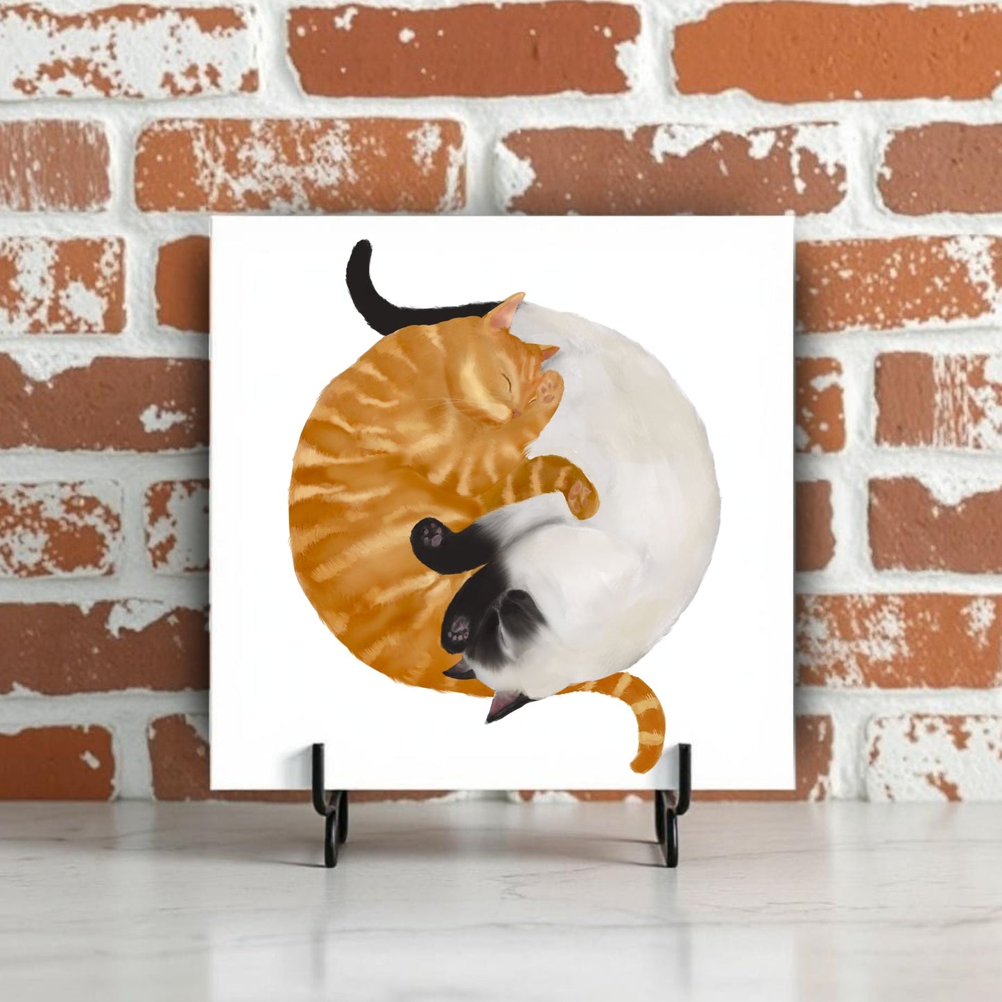 Yin and Yang Orange Tabby and Siamese Cats Ceramic Tile - MerikaArt