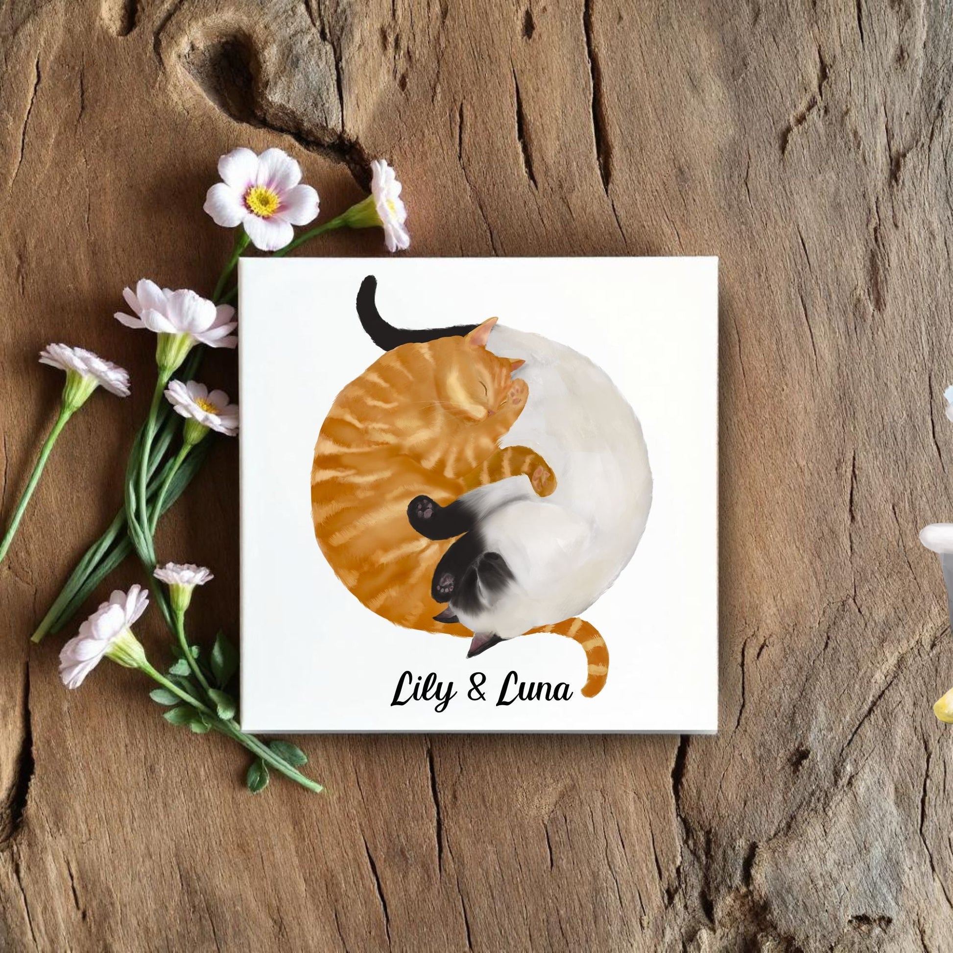 Yin and Yang Orange Tabby and Siamese Cats Ceramic Tile - MerikaArt