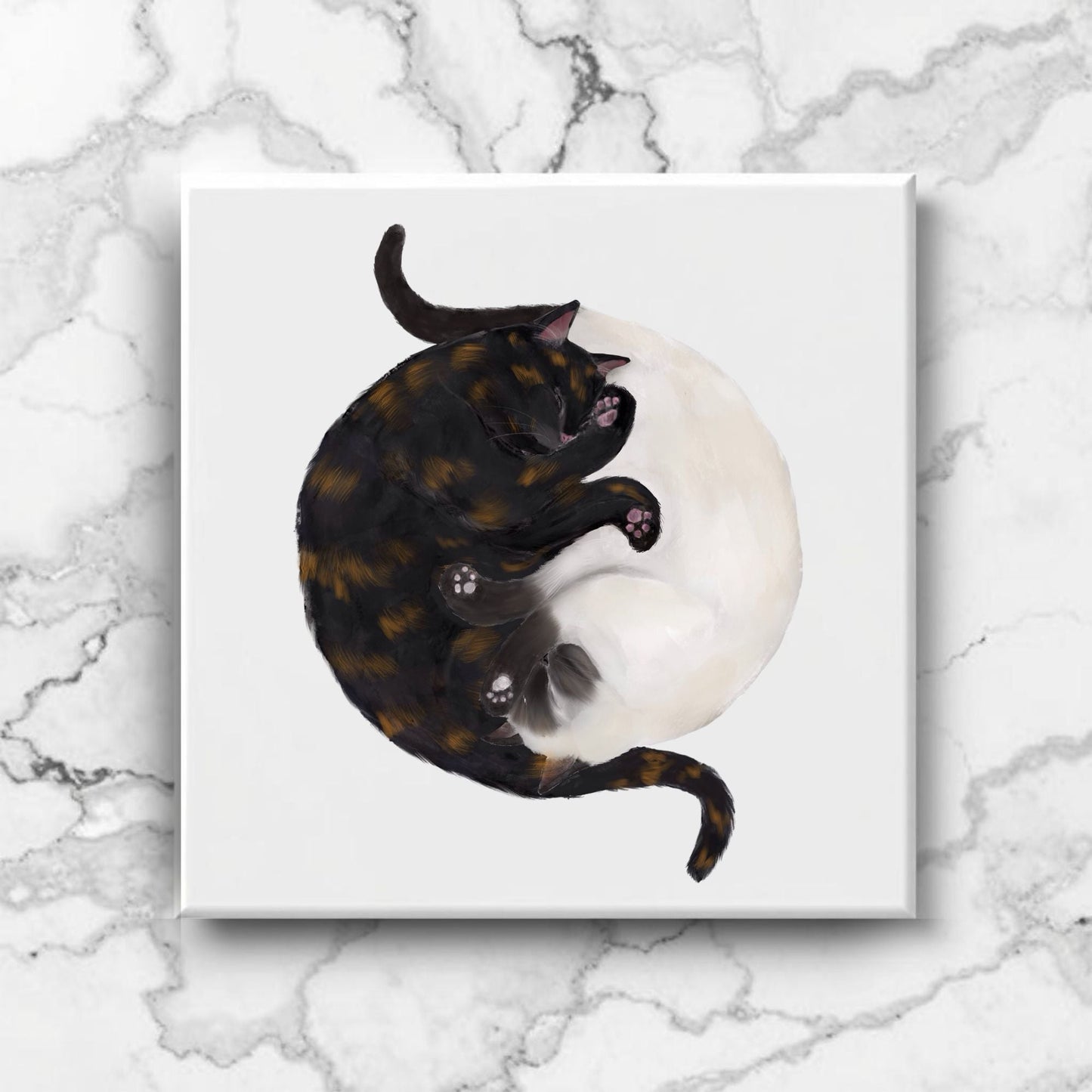Yin and Yang Tortie and Siamese Cats Ceramic Tile - MerikaArt