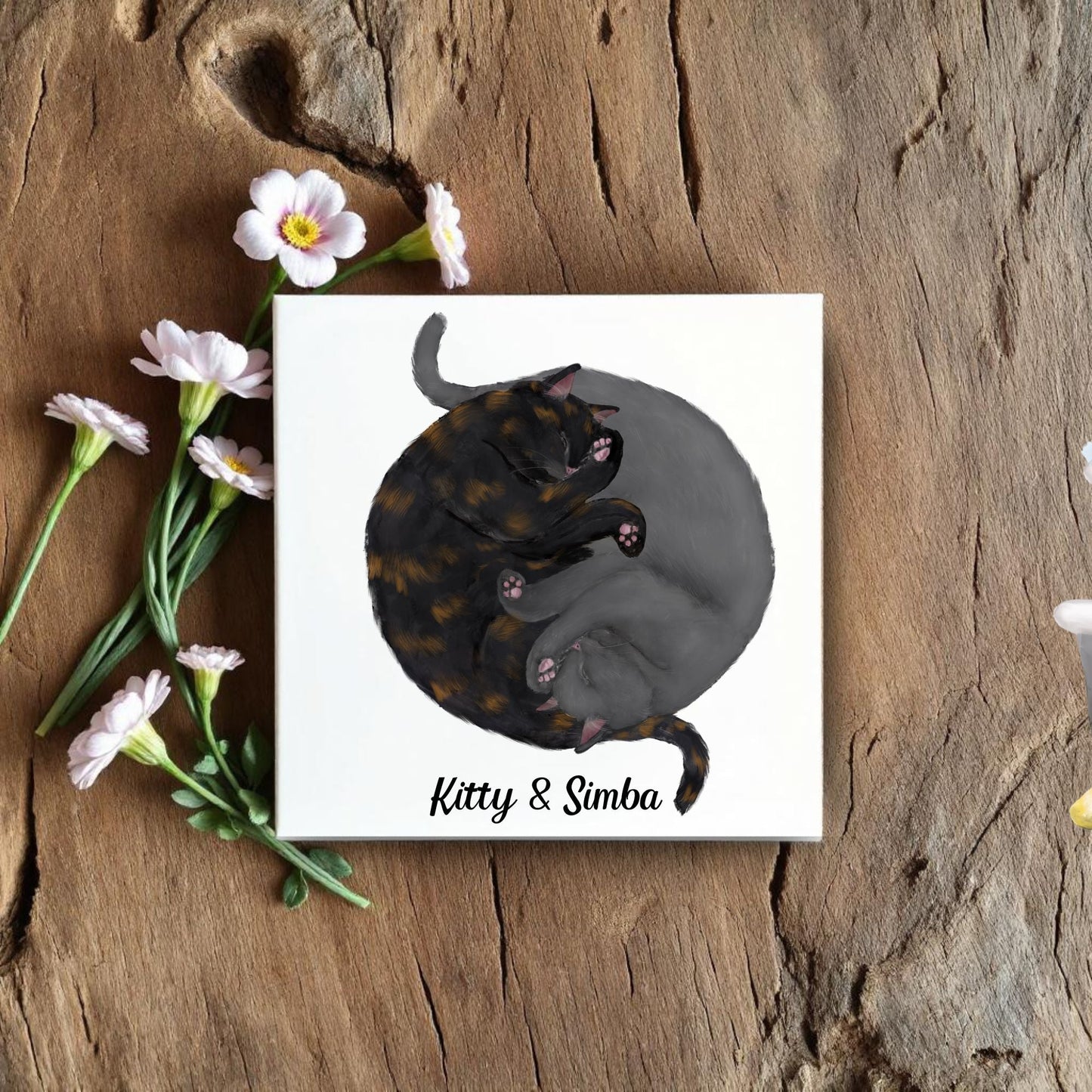 Yin and Yang Tortoiseshell and Gray Cats Ceramic Tile - MerikaArt